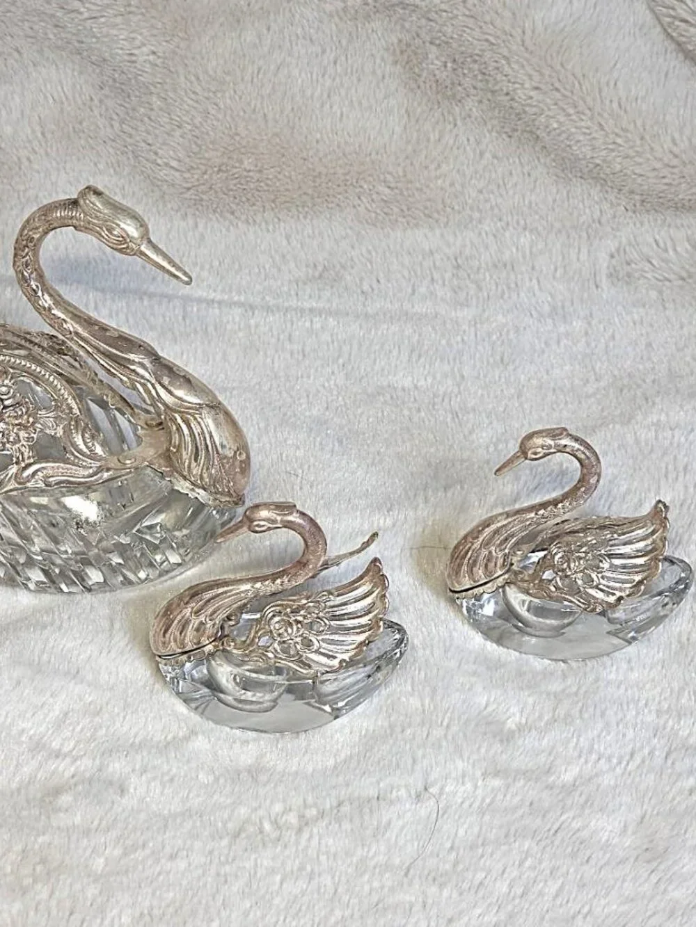 Vintage German Sterling Silver & Crystal Swan Master Salt Cellar Set of 3 - #F